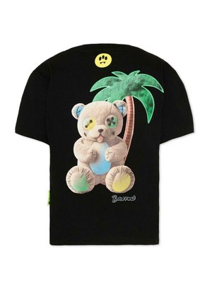 Maglietta nera con una grafica di un orsetto con toppe colorate, una palma sullo sfondo e una faccina gialla sorridente sopra.
