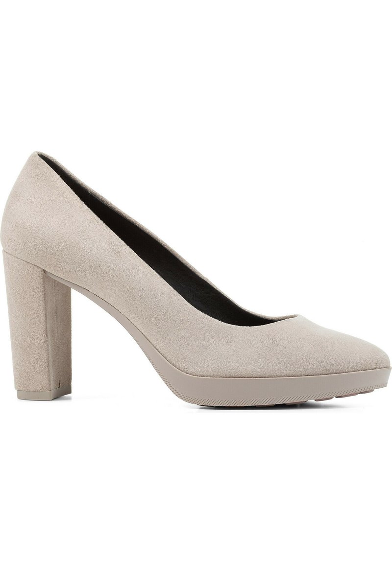 Beige Wildleder-Pumps mit hohen Absätzen, einer abgerundeten Spitze, einem klobigen Blockabsatz und einer Gummisohle mit strukturierten Mustern für besseren Halt.