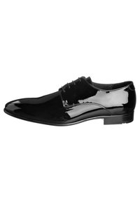 Schwarze Lackleder-Dressschuhe mit einem eleganten Design, spitzem Zehenbereich, Schnürverschluss und einer glatten, glänzenden Oberfläche. Niedriger, rechteckiger Absatz.