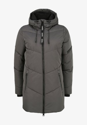 Grå pufferjakke med hette, med glidelås foran, snøre detaljer, diamantquiltet design og sidelommer med glidelås.
