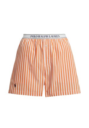 Orange-weiß gestreifte Herrenboxershorts mit elastischem Bund, auf dem das Logo "POLO RALPH LAUREN" steht, und einem Hosenschlitz mit Knopf.