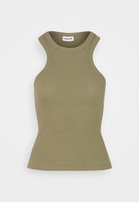 Olive green tank top made of ribbed fabric. It has a round neckline and wide shoulder straps, fitted silhouette, and a curved hemline.