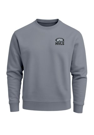 Gray sweatshirt made of soft fabric, featuring a round neckline and ribbed cuffs. Includes a small logo with mountain design on the chest.
