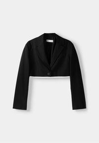 Svart kort blazer med långa ärmar, skarpa slag, enkel knappstängning och en subtil fickdetalj på vänster sida. Slät, strukturerad tyg.