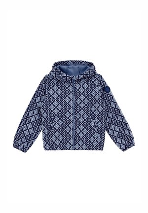 Jachetă cu glugă de culoare albastru închis, cu un model geometric. Fabricată dintr-un material moale, dispune de un închizător cu fermoar și două buzunare frontale.