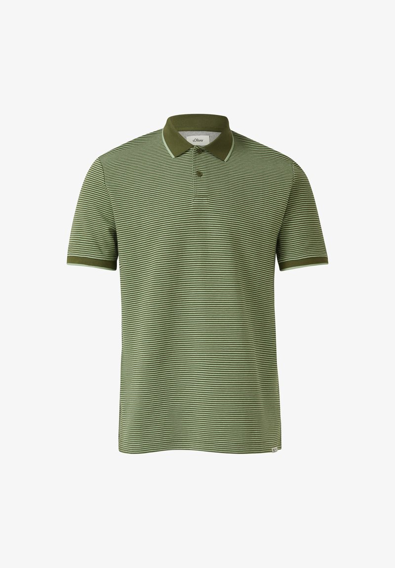 Grün gestreiftes Poloshirt mit kurzen Ärmeln, einem gerippten Kragen und einer Zwei-Knopf-Leiste. Der Stoff hat eine glatte Textur und eine legere Passform.