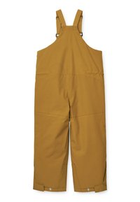 Braune wasserdichte Latzhosen mit verstellbaren Trägern, Seitentaschen und Druckknöpfen an den Knöcheln. Glatte Textur, geradliniges Design.