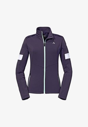 Purple athletic jacket with a high collar, full zipper, white accents on sleeves, and a light blue zipper detail. Smooth, stretchy fabric.