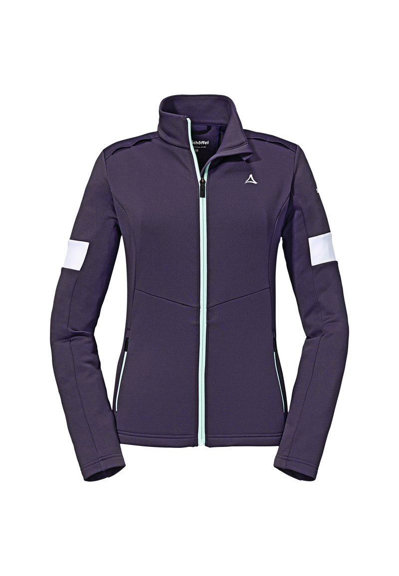 Giacca sportiva viola con colletto alto, zip completa, dettagli bianchi sulle maniche e zip azzurro chiaro. Tessuto liscio e elastico.