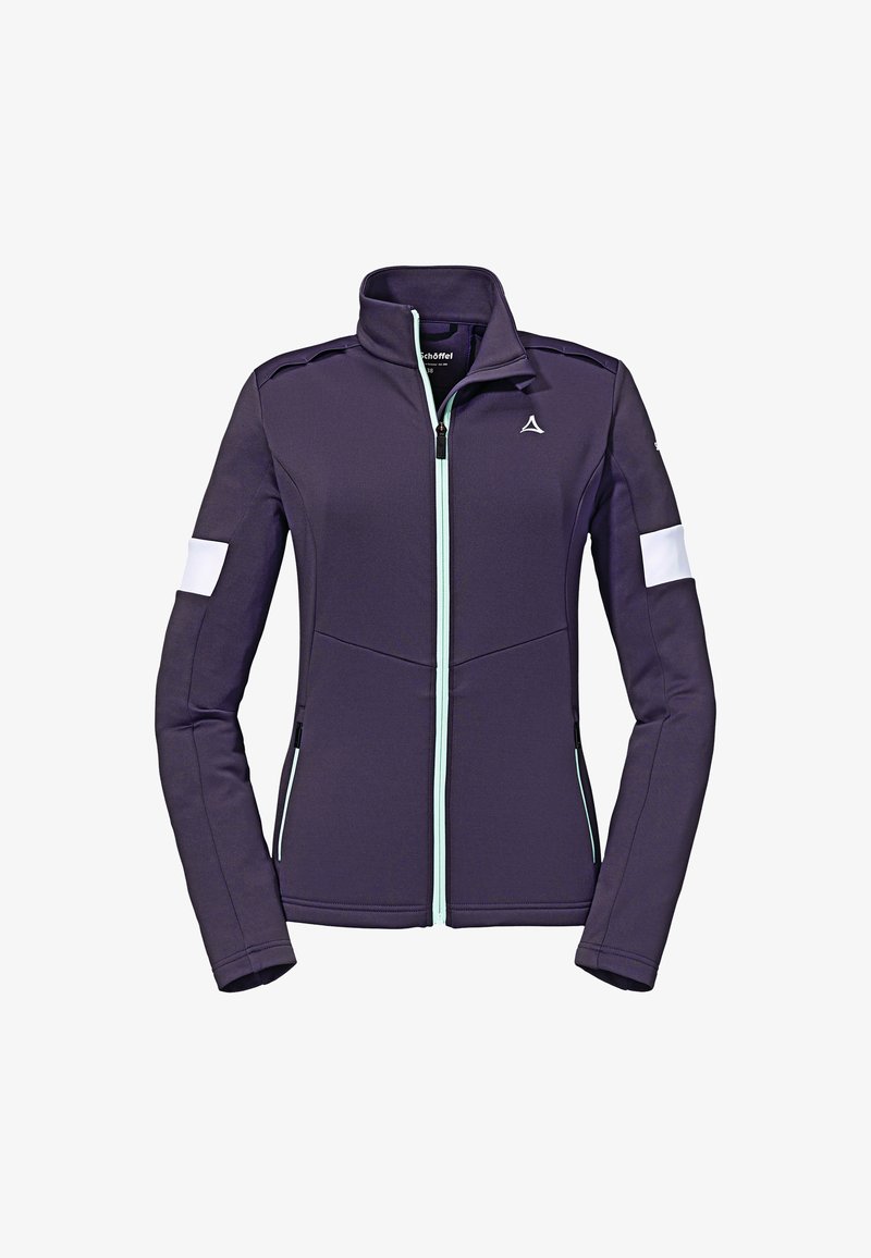 Giacca sportiva viola con colletto alto, zip completa, dettagli bianchi sulle maniche e zip azzurro chiaro. Tessuto liscio e elastico.