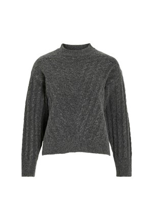 Maglione grigio in lana con una finitura testurizzata, collo alto e maniche ampie, caratterizzato da accenti a costine verticali sulle maniche e sul corpo.