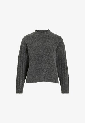 Pull en laine gris avec une finition texturée, col haut et manches larges, présentant des accents côtelés verticaux sur les manches et le corps.