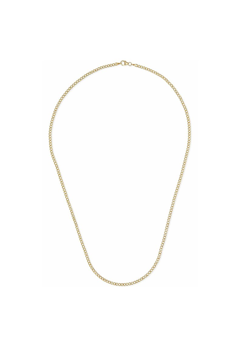 Collana in metallo dorato con un design semplice a maglie rotonde, dotata di chiusura a gancio e superficie liscia e lucida.
