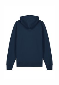 Dunkelblauer Kapuzenpullover mit Kordelzug, aus weichem Stoff, mit langen Ärmeln und relaxter Passform. Glatte Textur und minimalistisches Design.