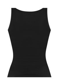 Schwarzes Tanktop, aus weichem, dehnbaren Stoff. Verfügt über einen runden Halsausschnitt, ärmelloses Design und eine figurbetonte Silhouette, ohne sichtbare Muster.