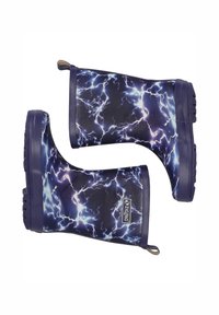 Blauwe rubberen regenlaarzen met een bliksem patroon, gestructureerde zolen voor grip en aantrektabs voor eenvoudig aan- en uittrekken.