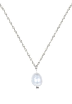 Silberne, gedrehte Kettenhalskette mit einem einzelnen ovalen weißen Perlenanhänger mit polierter Oberfläche und einem kleinen Perlenakzent darunter.