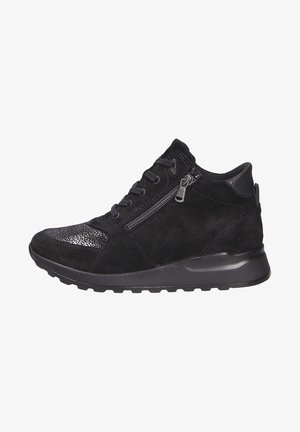 Black suede sneaker with a textured toe cap, lace-up design, side zipper, padded collar, and a lightweight rubber outsole.