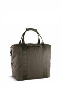 Borsa da viaggio di medie dimensioni, di colore verde scuro, realizzata in tessuto resistente; presenta due manici robusti e una chiusura superiore con zip.