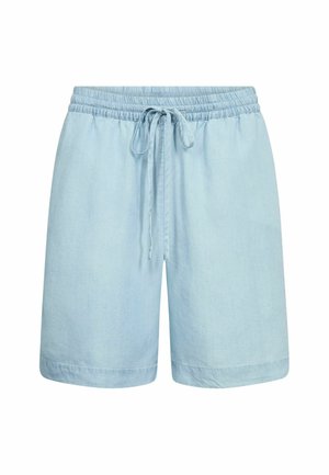 Hellblaue, locker geschnittene Shorts mit elastischem Bund und Kordelzug, knielang, aus weichem Stoff.