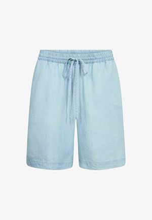 Hellblaue, locker geschnittene Shorts mit elastischem Bund und Kordelzug, knielang, aus weichem Stoff.