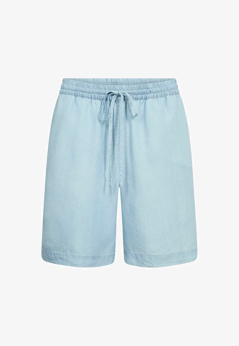 Shorts larges bleu clair avec taille élastique et cordelette, longueur au genou, en tissu doux.