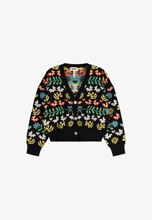 Zwarte gebreide cardigan met kleurrijke bloemen- en bladmotieven, V-hals, drie knopen aan de voorkant en geribbelde boorden en zoom.