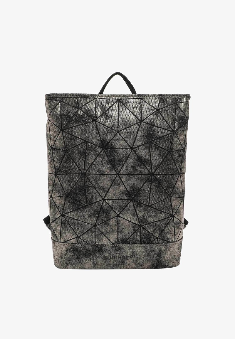 Sac à dos noir et gris avec motif géométrique triangulaire et une poignée supérieure sur fond blanc.