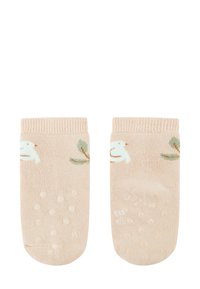 Helle rosa Knöchelsocken mit Vogel- und Blattmustern, ausgestattet mit strukturierten, rutschfesten Punkten auf den Sohlen für besseren Halt. Gerippter Bund sorgt für einen sicheren Sitz.