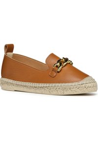 Tan leather espadrille with a gold chain accent, round toe, and braided jute sole. Soft texture with a slip-on design, sturdy heel tab.