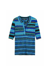 Short-sleeve polo shirt featuring bold blue and black stripes, ribbed texture, buttoned placket, and a contrasting collar.