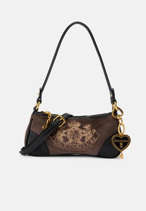 Brown and black handbag with gold hardware, featuring a logo print, textured accents, and a heart-shaped charm with a key. Long strap included.