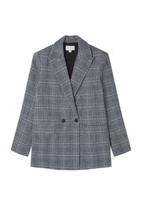 Blazer de cuadro gris de doble botonadura con solapa con muesca, dos bolsillos delanteros y tejido texturizado. Interior forrado, corte moderno.