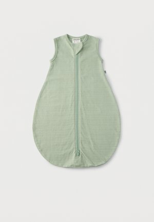 Gigoteuse sans manches vert clair avec tissu texturé et fermeture éclair à l'avant, conçue pour les nourrissons de 0 à 2 mois.