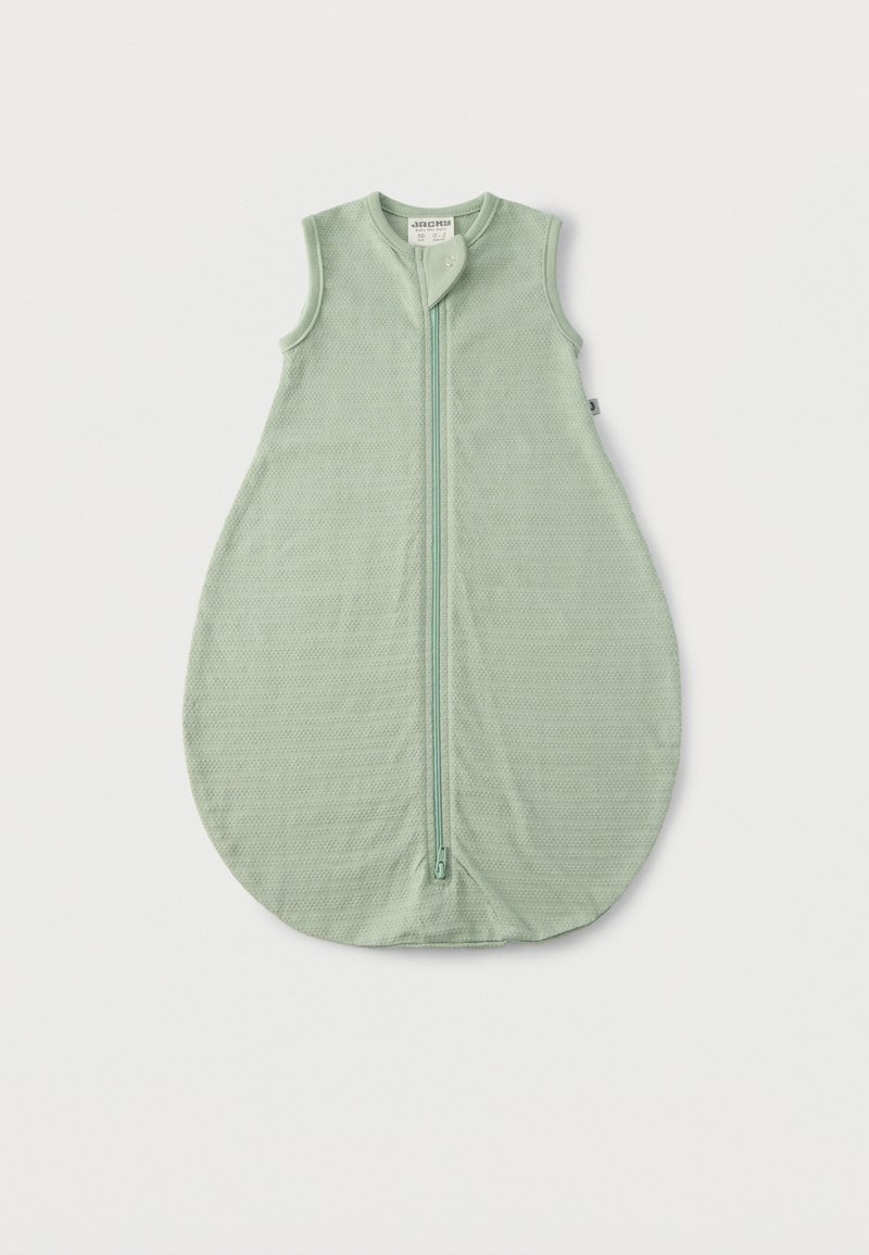 Ελαφρύ πράσινο υπνόσακο για μωρά χωρίς μανίκια με υφή υφάσματος και εμπρόσθιο φερμουάρ, σχεδιασμένο για βρέφη 0-2 μηνών.