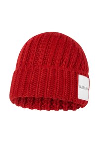 Punane kudumine beanie müts, millel on soonikkonstruktsioon ja volditud ääreosa. Küljel on valge silt musta tekstiga.