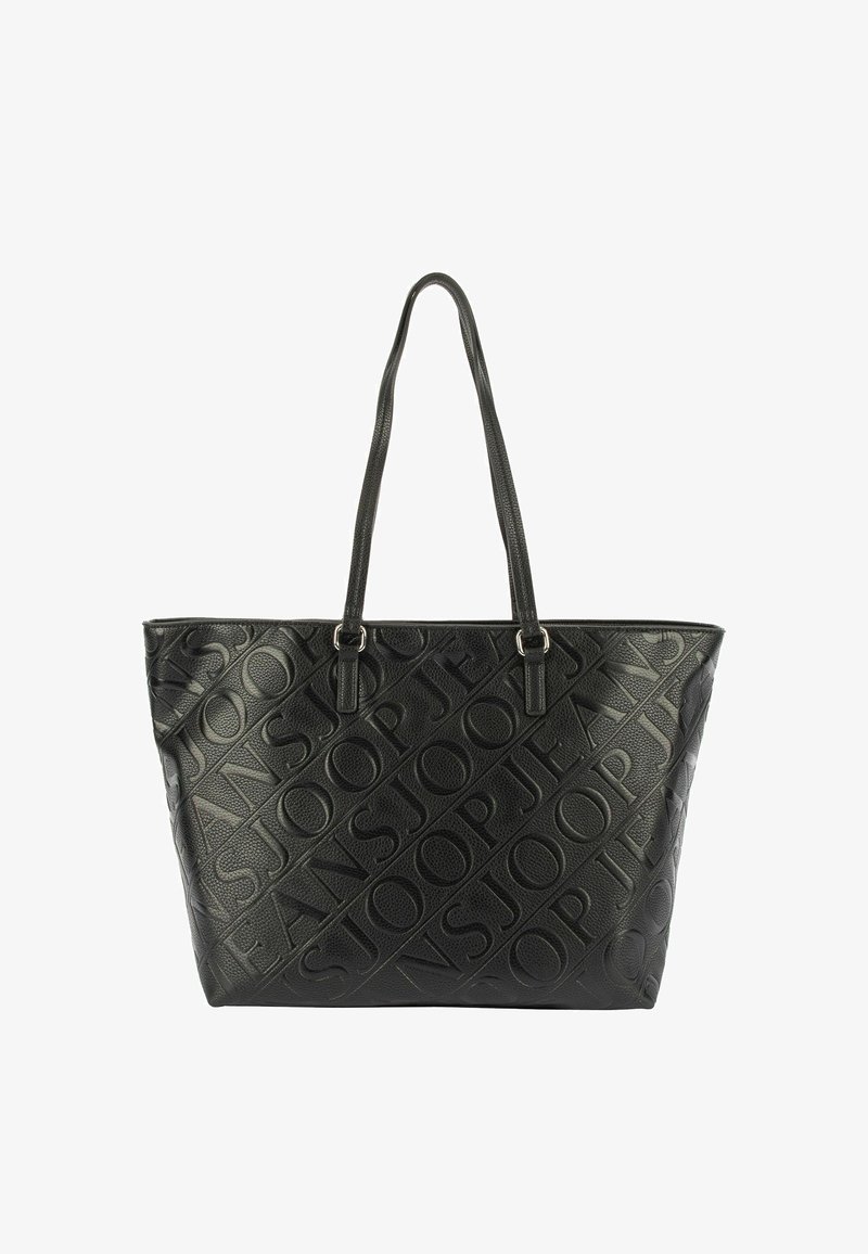 Borsa tote nera con motivo logo in rilievo, texture liscia, manici allungati e design a apertura superiore. Presenta accessori in metallo color argento.