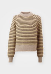Gestreifter Pullover mit ribbeligem Rundhalsausschnitt, ausgestattet mit horizontalen Linien in Beige, Gelb und Braun. Strukturierten Stoff und eng anliegende Ärmel.