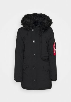 Black parka jacket with a faux fur-lined hood, multiple pockets, button closures, and a red tag accent on the sleeve.