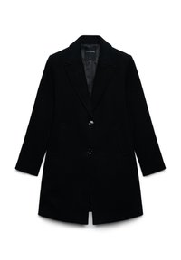 Cappotto da donna in misto lana nero con colletto a revers, due bottoni frontali, tasche laterali e maniche lunghe, taglia piccola.