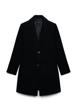 Cappotto da donna in misto lana nero con colletto a revers, due bottoni frontali, tasche laterali e maniche lunghe, taglia piccola.