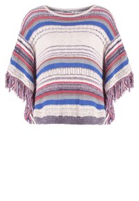 Maglione lavorato a maglia con maniche ampie, caratterizzato da righe orizzontali in blu, rosa e grigio, rifinito con bordi frangiati.