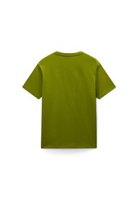 Short-sleeve t-shirt in olive green cotton. Features a round neckline and a plain, smooth texture on the back. No visible branding or patterns.