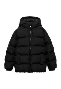 Doudoune noire avec capuche, fermeture éclair à l'avant et deux poches latérales, présentée sur fond blanc.