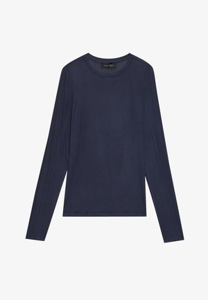 Haut à manches longues bleu marine en tissu lisse et léger. Présente un col rond et des détails de couture le long des manches et des côtés.