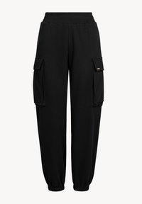 Czarne spodnie cargo wykonane z miękkiego materiału, z elastycznym paskiem w talii, dwiema bocznymi kieszeniami i zwężanymi nogawkami. Prosty, funkcjonalny design.
