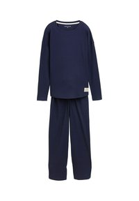 Marineblauwe ribbel tweedelige set bestaande uit een langemouwen top met een ronde halslijn en bijpassende wijde pijpenbroek. Labeldetails op de top.
