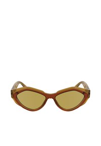 Óculos de sol em formato de gato com armação âmbar transparente e lentes amarelas. Apresentam bordas ousadas e um design elegante com acentos subtis.