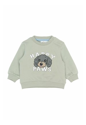 Jasnozielony sweatshirt dla malucha z uśmiechniętą szaro-skalną twarzą psa i napisem "SZCZĘŚLIWE ŁAPKI" z przodu, z zatrzaskami na jednym ramieniu.