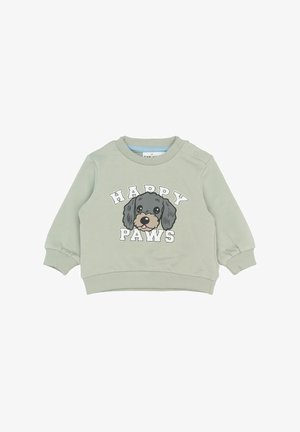 Vaalea vihreä taaperon huppari, jossa on hymyilevä harmaan koiran naama ja teksti "HAPPY PAWS" edessä. Hupparissa on napit yhdellä olalla.